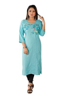 Aqua Blue Colour Rayon Embroidered Designer Straight Kurti 1