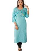 Aqua Blue Colour Rayon Embroidered Designer Straight Kurti