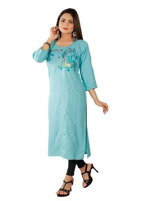 Aqua Blue Colour Rayon Embroidered Designer Straight Kurti 3