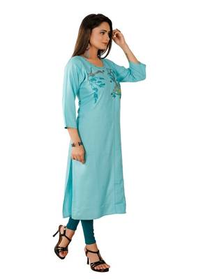 Aqua Blue Colour Rayon Embroidered Designer Straight Kurti 4