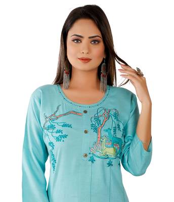 Aqua Blue Colour Rayon Embroidered Designer Straight Kurti 5