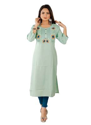 Light Olive Green Colour Rayon Embroidered Designer Straight Kurti 1