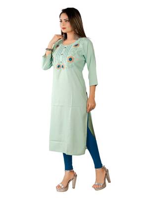 Light Olive Green Colour Rayon Embroidered Designer Straight Kurti 3