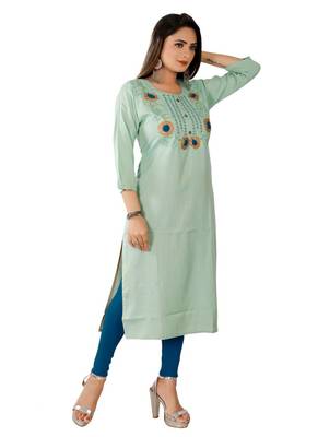 Light Olive Green Colour Rayon Embroidered Designer Straight Kurti 4