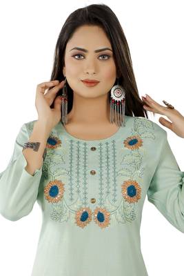 Light Olive Green Colour Rayon Embroidered Designer Straight Kurti 5