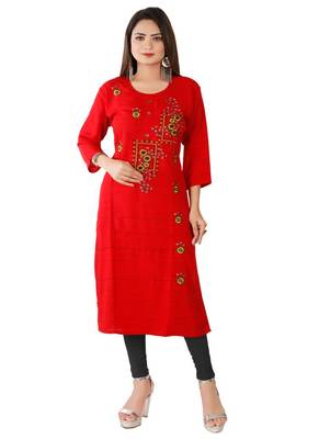 Red Colour Rayon Embroidered Designer Straight Kurti 1