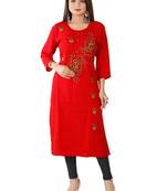 Red Colour Rayon Embroidered Designer Straight Kurti
