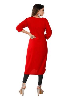 Red Colour Rayon Embroidered Designer Straight Kurti 2