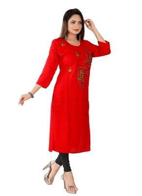 Red Colour Rayon Embroidered Designer Straight Kurti 3