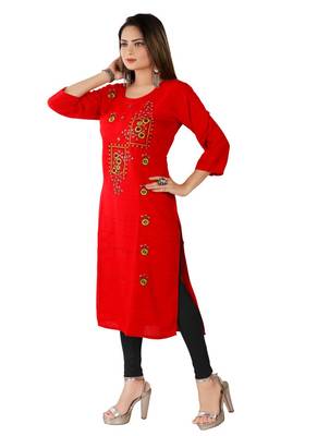 Red Colour Rayon Embroidered Designer Straight Kurti 4