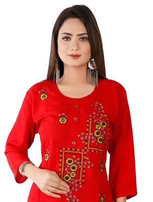 Red Colour Rayon Embroidered Designer Straight Kurti 5