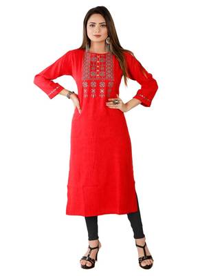Red Colour Rayon Printed With Embroidered Designer Straight Kurti 1