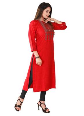 Red Colour Rayon Printed With Embroidered Designer Straight Kurti 2