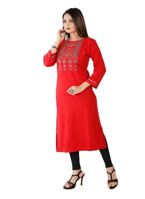 Red Colour Rayon Printed With Embroidered Designer Straight Kurti 3
