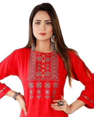 Red Colour Rayon Printed With Embroidered Designer Straight Kurti 5