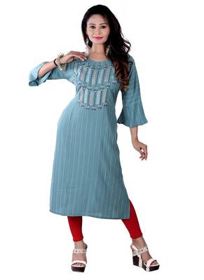Sea Green Colour Rayon Embroidered Designer Straight Kurti 1