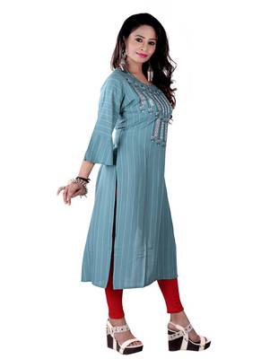 Sea Green Colour Rayon Embroidered Designer Straight Kurti 4