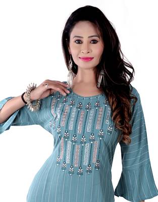 Sea Green Colour Rayon Embroidered Designer Straight Kurti 5