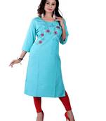 Sky Blue Colour Rayon Embroidered Designer Straight Kurti