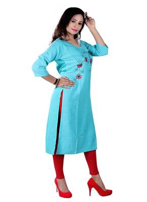 Sky Blue Colour Rayon Embroidered Designer Straight Kurti 4
