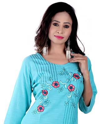 Sky Blue Colour Rayon Embroidered Designer Straight Kurti 5