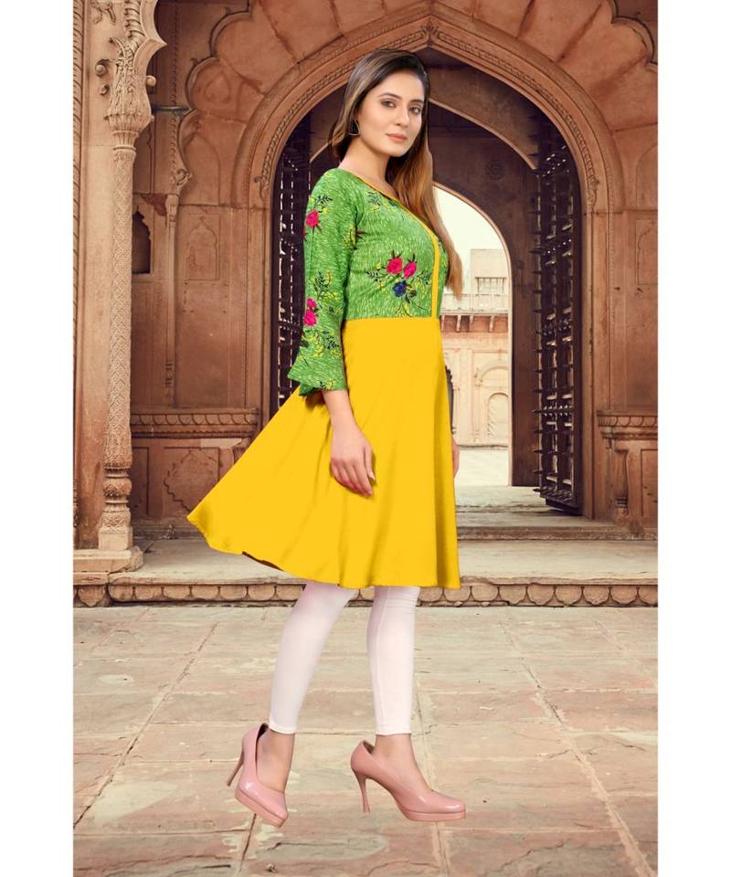 CLOTH BOOST Presenting Rayon printed 3/4 Sleeve Yellow Kurti