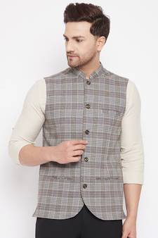 Brown plain pure wool nehru jacket