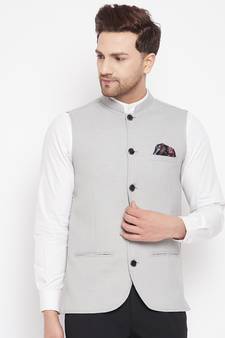 Grey plain pure wool nehru jacket