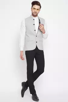 Grey plain pure wool nehru jacket