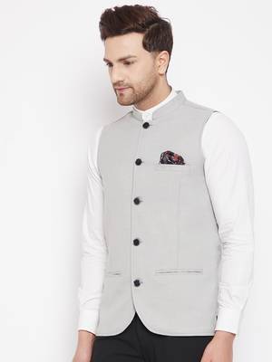 Grey plain pure wool nehru jacket 3