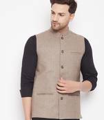 Beige plain pure wool nehru jacket