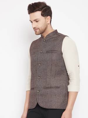 Brown plain pure wool nehru jacket 3