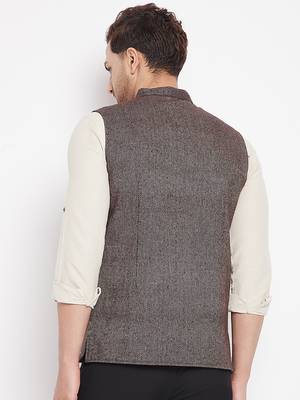 Brown plain pure wool nehru jacket 4