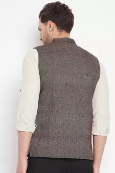 Brown plain pure wool nehru jacket