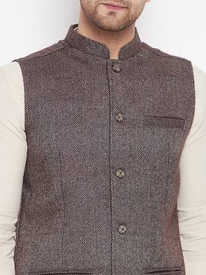Brown plain pure wool nehru jacket 5