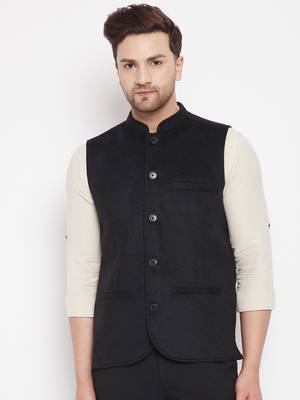 Black plain pure wool nehru jacket 1