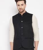 Black plain pure wool nehru jacket