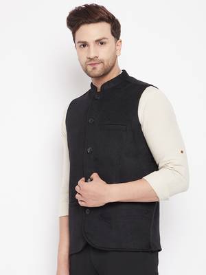 Black plain pure wool nehru jacket 3