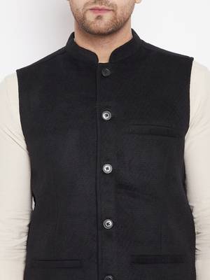 Black plain pure wool nehru jacket 5