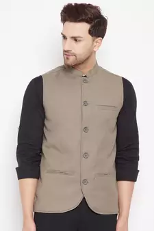 Beige plain poly ryon nehru jacket