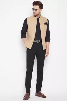 Beige plain linen nehru jacket