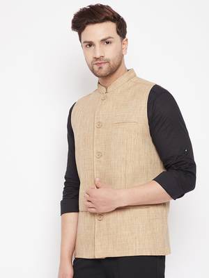 Beige plain linen nehru jacket 3
