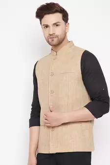 Beige plain linen nehru jacket