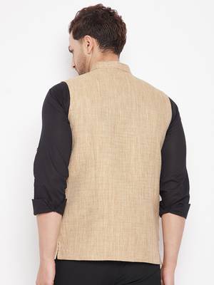 Beige plain linen nehru jacket 4