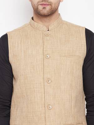Beige plain linen nehru jacket 5