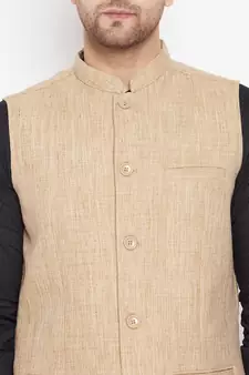 Beige plain linen nehru jacket