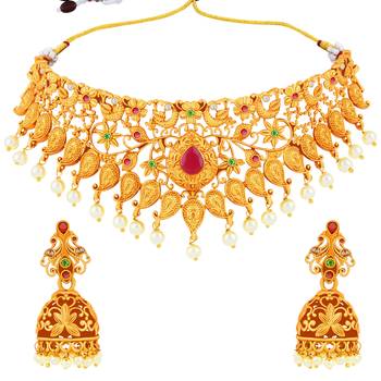 Gold Plated Traditional Latest Designe Choker Bridal  Jewellery Set For Women Girls 2