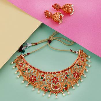 Gold Plated Traditional Latest Designe Choker Deliated  Jewellery Set For Women Girls 1