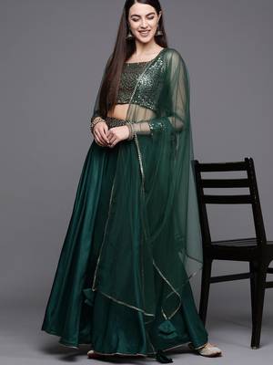 Green Embellished Silk Blend Semi Stitched Lehenga Choli With Dupatta 1