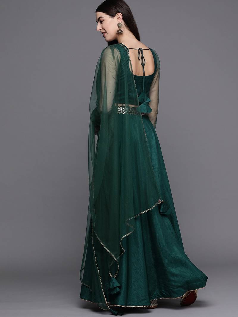 Green Embellished Silk Blend Semi Stitched Lehenga Choli With Dupatta